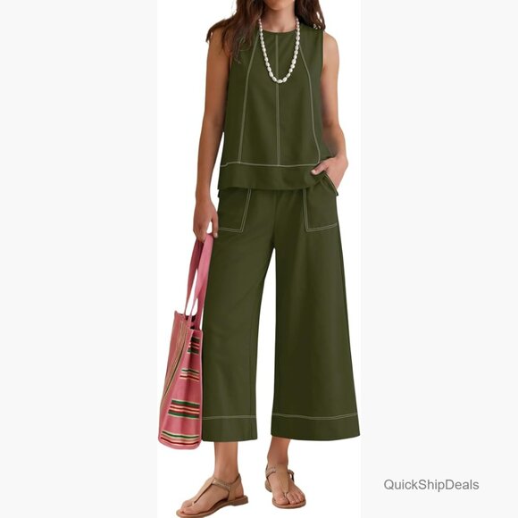 Sleeveless Tank Top and Wide Leg Crop Pants Two Piece Set